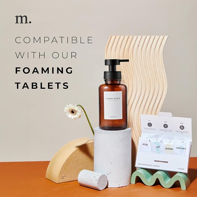 MaisoNovo Glass Foaming Soap Dispenser 14 Oz | Glass Bottles Pumps x 2 Amber with Tray