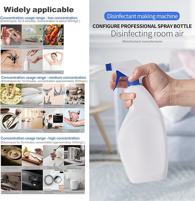Hypochlorous Acid & Sodium Hypochlorous Solution Generator, 2000ML Capacity Portable Electrolyzed NaCl Water System Making Generate HClO Machine for Home Kitchen School Restaurant Bathroom Cleaning