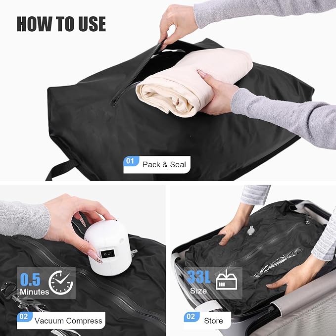 4PCS Vacuum Bags for Travel with Pump, 33L Large Reusable Compression Bags with IP68 Waterproof Zipper, Space Saving Airless Travel Bags for Luggage, Suitcase & Backpack, Black