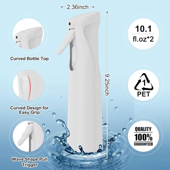 IMPORX Continuous Spray Bottle for Hair 2 Pack (10.1oz/300ml) White | Empty Plastic Ultra Fine Mist Misting Water Mister Spray Bottles for Cleaning Hairstyling Barber Curly Hair Garden Plants