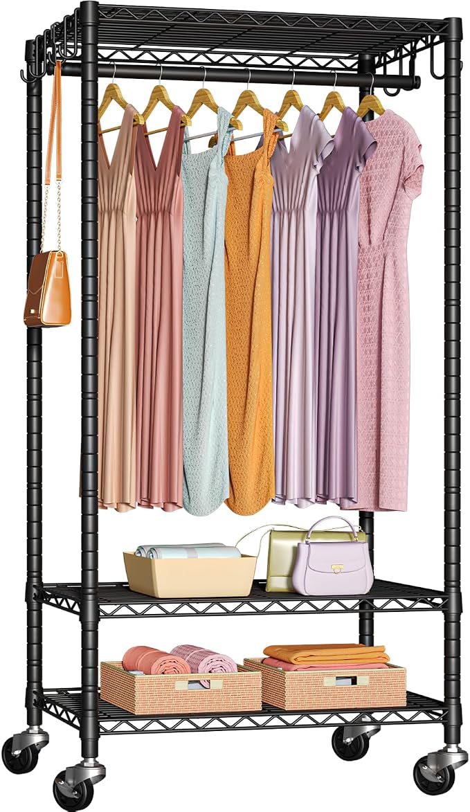 FUTASSI Rolling Clothes Rack, Clothing Racks for Hanging Clothes, Black | P6 Medium Heavy Duty Garment Rack with Wheels, Freestanding Portable Closet Rack with Shelves, 30 In Wide, Max Load 370 LBS