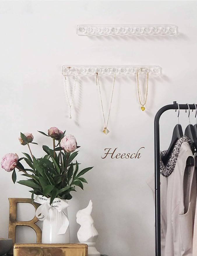 Heesch Necklace Hanger, Wall Necklace Holder, Acrylic Jewelry Organizer | Wall Mount Jewelry Hooks for Necklaces, Bracelets & Chains, Hanging Organizer and Storage, 2-Pack Clear