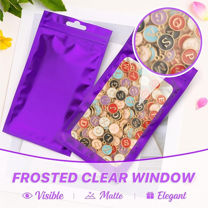 100 PCS Resealable Mylar Bags with Zipper and Frosted Clear Window Smell Proof Packaging Bags Foil Pouch Zipper Bag for Food Self Sealing Storage Supplies (Purple, 2.75×3.93)