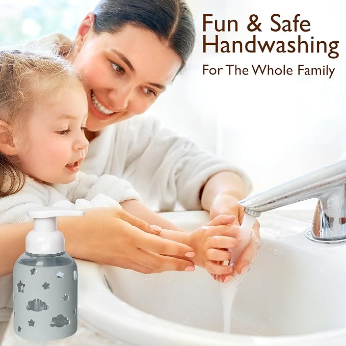 SoCal Suds & Company Foaming Hand Soap Dispenser Glass, Liquid Soap Pump with Cloud & Star Sleeve, Refillable Bottle for Kids, Baby Wash & Shampoo, Ideal for Bathroom & Kitchen Use, Light Grey, 8oz