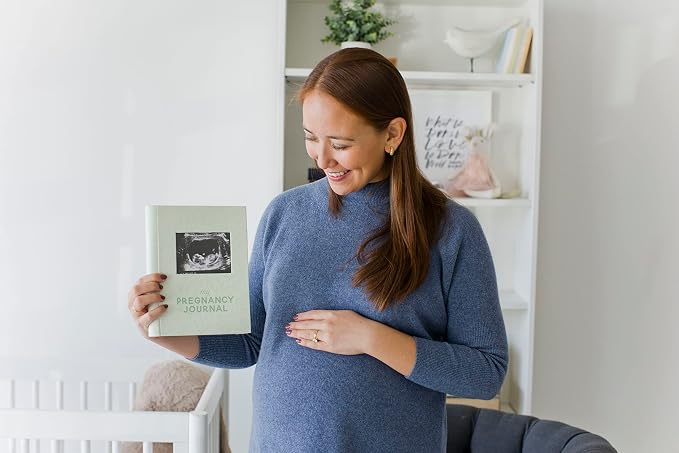 Pearhead My Pregnancy Journal, Guided Pregnancy Memory Book with Sonogram Photo Insert, Trimester Milestone Tracker & Keepsake for Expecting Moms, Baby Shower Gift, Sage Green Leaf