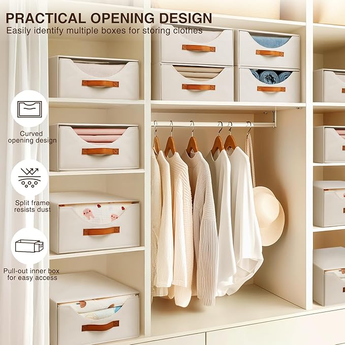 Homsorout Stackable Storage Drawers - Large Collapsible Storage Bins with Drawers, 4 Pack Closet Shelf Organizer Basket, Fabric Pull Out Organizer for Bedroom, Living Room, Dorm, Light Beige