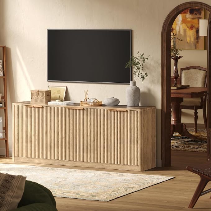 Evermagin 67" Fluted Oak Buffet Cabinet with Storage | Mid-century modern wood sideboard, large credenza with 6 doors for kitchen or living room, 67"W x 31.5"H x 15.7"D