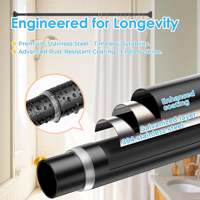 AIZESI Shower Rod, Adjustable 42-74 Inch Black Shower Curtain Rod, 1" Diameter Tension Rod No Drilling, Anti-Slip, Premium Stainless Steel Anti-Rust, Shower Rods for Bathroom