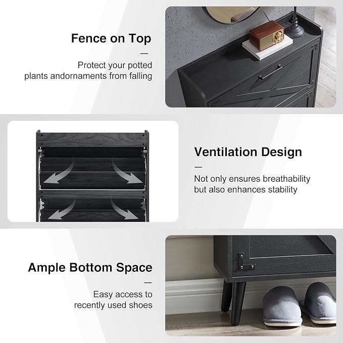 Barnyatoh Shoe Storage Cabinet, Farmhouse Shoe Organizer with 2 Flip Drawers & Barn Door Design, Freestanding Hidden Slim Narrow Shoe Rack Cabinet for Entryway, Foyer, Hallway, Black