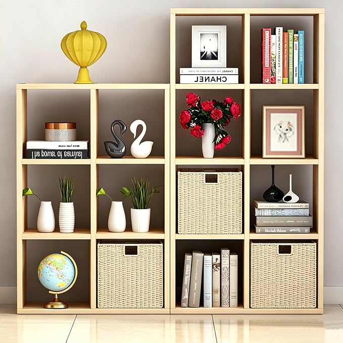 Vagusicc Wicker Storage Basket, Set of 2 Hand-Woven Paper Rope Wicker Baskets, Foldable Cube Storage Bins, Beige Storage Basket, Square Baskets for Organizing Shelves & Decor, Beige(13″×13″×13″)