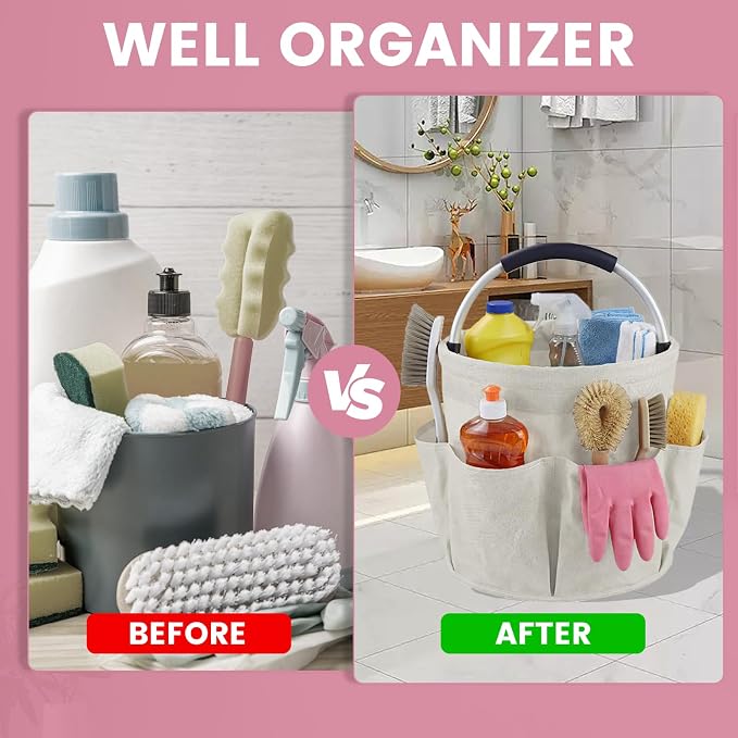 Cleaning Caddy with Handle, 17L Cleaning Supplies Organizer, Off-White | 600D Oxford Fabric Storage Basket with 6 Pockets, Multifunctional Bucket Bag for Picnics, Camping, Gardening, Bathing