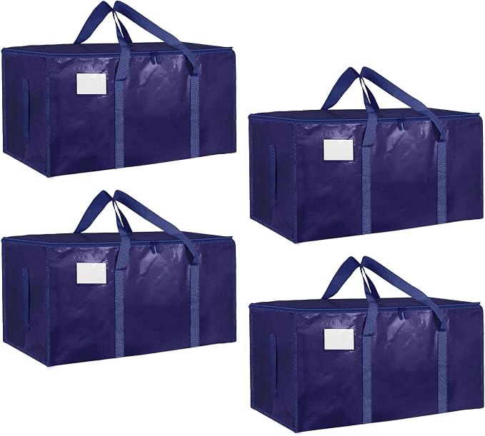4 Pack-Extra Large Heavy Duty Moving Bags - Waterproof Storage Totes with Handles & Zippers, Foldable for College Dorm, Storage (Dark Blue)