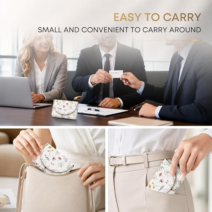 Business Card Holder，PU Leather Business Card Case Wallet White Floral | Pocket Travel Name Card Case for Men and Women Gift，Portable Magnetic Business Card Carrier for Purse