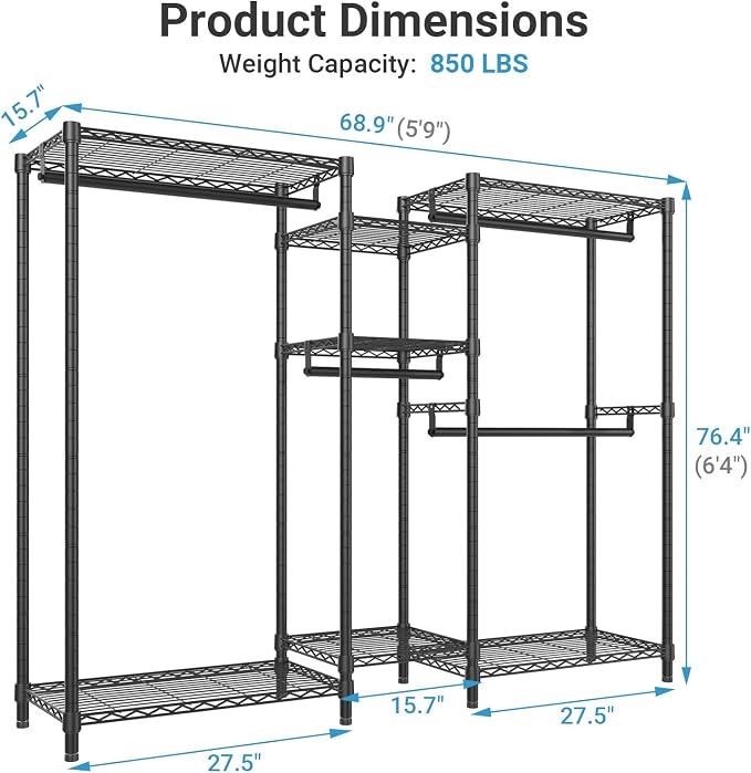 VIPEK Classic V6 Heavy Duty Clothes Rack, 7-Tier Garment Rack with Adjustable Shelves, Portable Closet Organizer with 4 Hanging Rods, Space-Saving, 850lbs Capacity, 68.9" L x 15.7" W x 76.4" H, Black