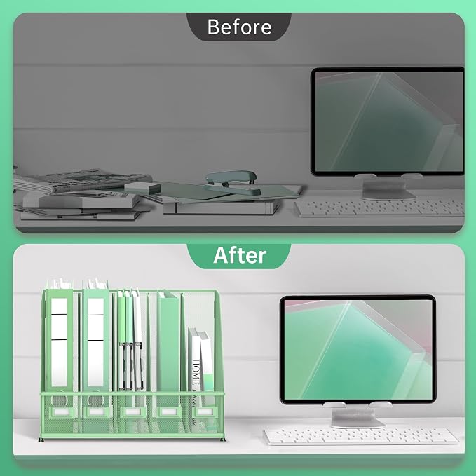 5 Vertical Compartments Magazine Holder, Metal Binder Organizer, Mint Green | Space-Saving Desktop Storage, Built-In Label Holders, Anti-Slip Feet, Sized for Binders, Folders, Magazines and Files