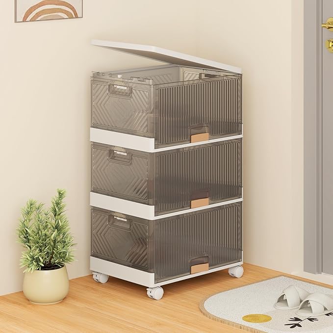Giantex 3 Tier Stackable Storage Bins with Lids, 13.5 Gal Foldable Shoe Storage Box with Detachable Wheels & Flip-Up Doors, Collapsible Closet Organizers and Storage Bins