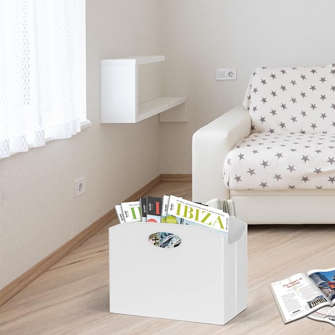 EZDeco Magazine Holder Foldable Magazine Rack Floor PU Leather File Holder Newspaper Book Storage Basket Document File Folder Organizer for Office Home (White-1)