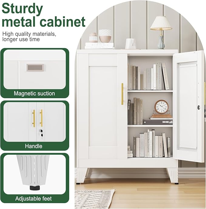 White Metal Storage Cabinet, 36" Tall Locking Storage Cabinet with 2 Adjustable Shelves, Steel Locker Organizer, for Office, Home, School, 2PS