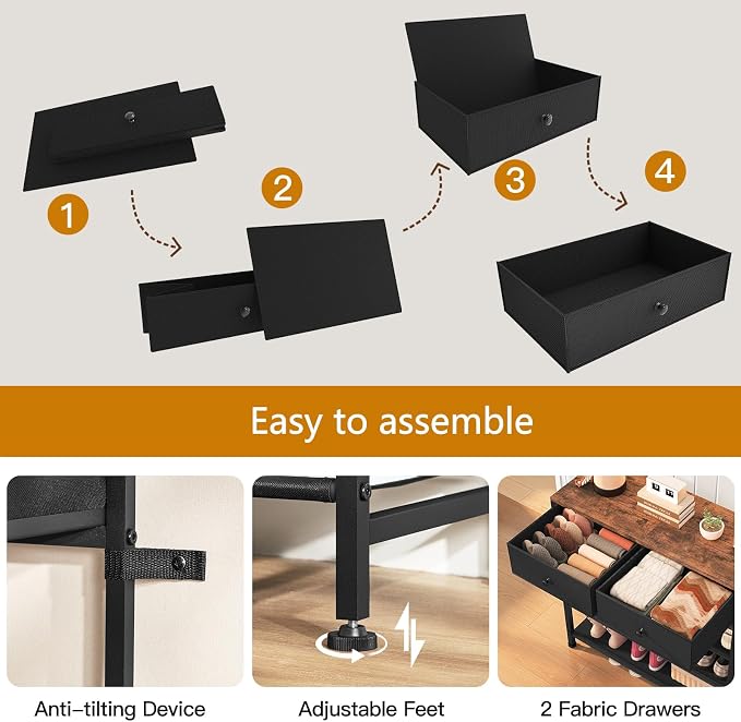 usikey Shoe Rack, 4 Tier Shoe Storage Organizer with 2 Drawers, Metal Shoe Shelf for 9-12 Pairs of Shoes, with 3 Oxford Fabric Shelves and Wooden Top, Shoe Stand for Closet Entryway, Black