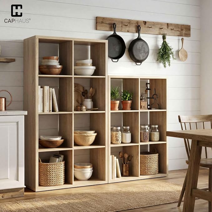 CAPHAUS Sturdy Room 13-Inch Cube Storage Organizer Shelf, with Extra Thick Exterior Edge, Open Storage Shelf Divider, Bookcase, 6-Cube, Natural Oak