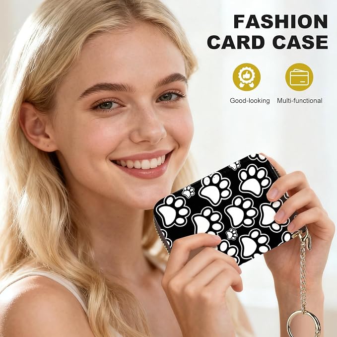 Credit Card Holder for Women,Small Rfid Wallet with Keychain Zipper,Cute PU Leather Card Case Wallet，Accordion Credit Card Wallets Gift,Black and white paw prints