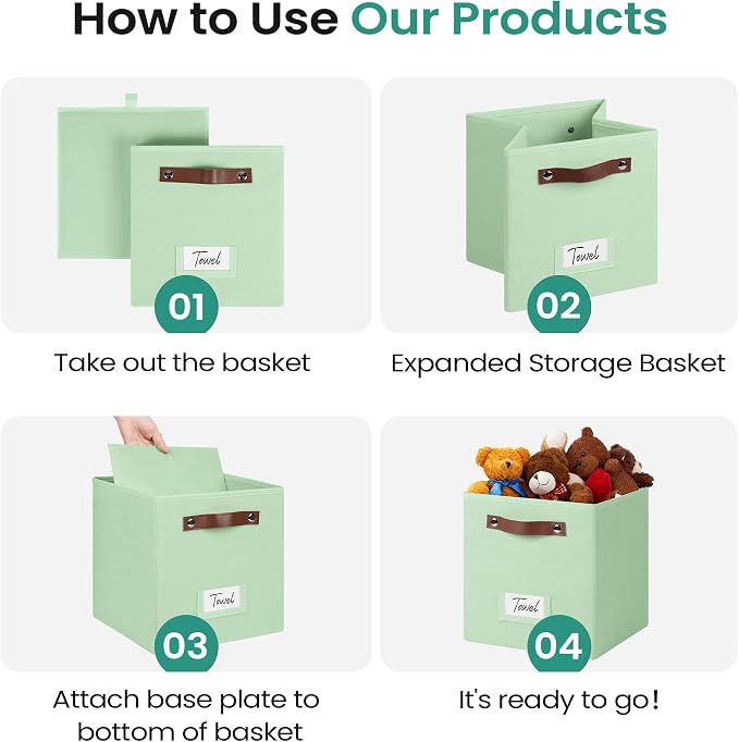 FinishingBo 10.5" x 11" Storage Bins with Labels 6 Pack | PU Leather Handles, Foldable Storage Cubes, Storage Baskets, Closet Storage, Green