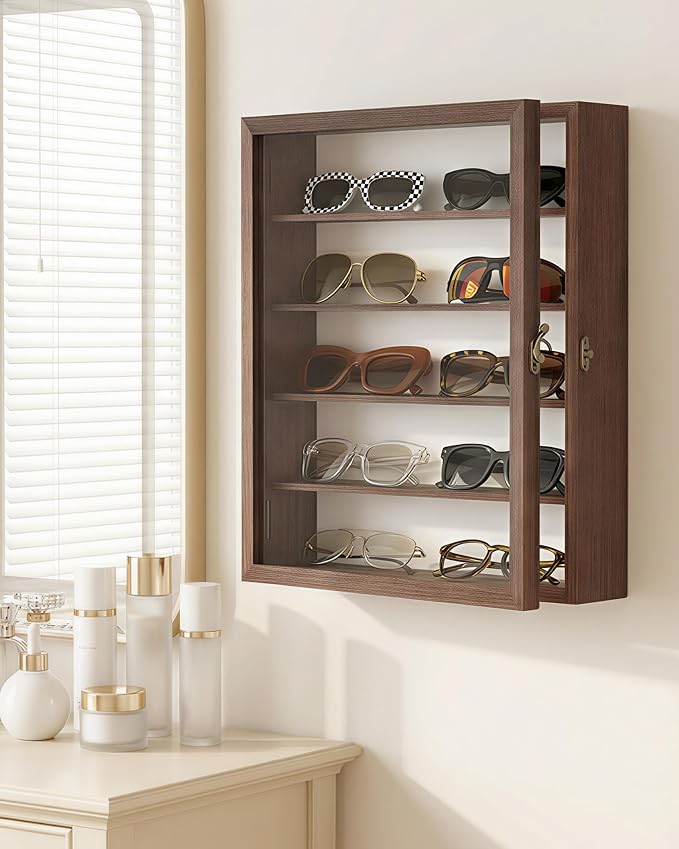TJ.MOREE Sunglass Organizer Wall Mounted Glasses Holder Display Case 5 Tier | 13 x 15 inches Wooden Storage Box for Multiple Pairs Eyeglasses Sports Sunglasses