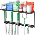CCCEI Broom and Mop Wall Mount with Shelf, Laundry Room Cleaning Tools Organization Hanging Rack with Hooks, Bathroom, Garage, Garden Organizers and Storage. All Metal, Black, 1 Pack.