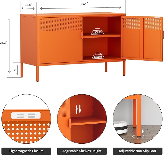 Ustamio Orange Wide Metal Locker Storage Cabinet, 2 Door Metal Accent Cabinet for Home and Office, 2 Tier Low Metal Cabinet with Doors and Shelf, Multipurpose Metal Tv Stand Cabinet