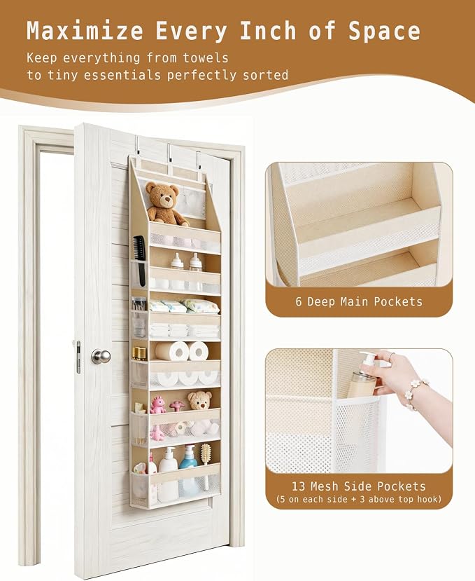 KMSCO Over The Door Organizer, 6 Large Pockets + 13 Mesh Side Pockets, Hanging Storage, 55lbs Capacity, Heavy Duty Non-Woven Fabric for Baby Nursery, Bathroom, Pantry, Closet, Beige, 2 Pack