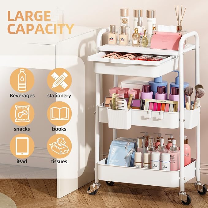 3 Tier Metal Rolling Utility Cart with Drawer & Lockable Wheels - Heavy Duty Multifunctional Storage Organizer with 2 Cups and 4 Hooks for Bathroom, Kitchen, Snack, Craft, Makeup, Baby Essentials