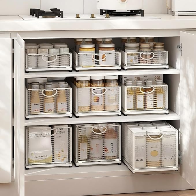2 Pack Pull Out Cabinet Organizer, No Drill Adhesive Sliding Drawers for Kitchen, Metal Mesh Wire Storage Shelf for Pantry & Under Sink, White (9.6" W x 15.7" D x 8.4" H)