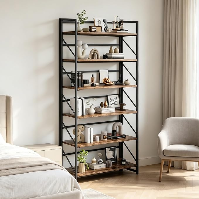 JSB 6 Tier No Assembly Folding Bookshelf, 30.7" Wide Foldable Storage Bookcase for Home Office, Space-Saving Storage Shelf for Living Room (Fire Brown)