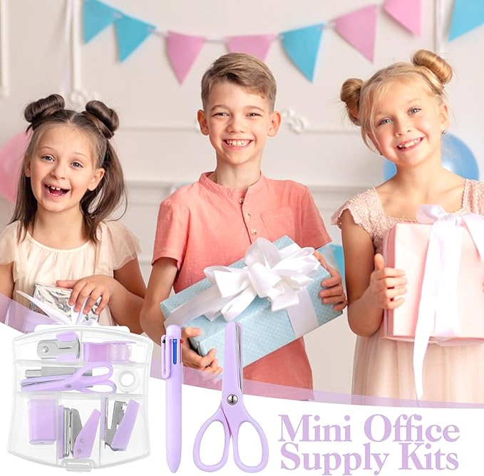 Mini Office Supplies, Purple School Supplies with Sticky Notes,Mini Stapler,Tape Dispenser,Hole Punch,Staple Remover,Staples,Clips,Scissor,Pen (Purple)