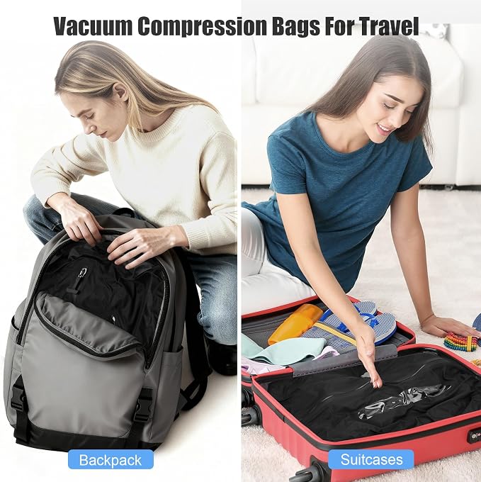 4PCS Vacuum Bags for Travel with Pump, 21L Reusable Compression Bags with IP68 Waterproof Zipper, Space Saving Airless Travel Bags for Family Luggage & Home Storage, Black