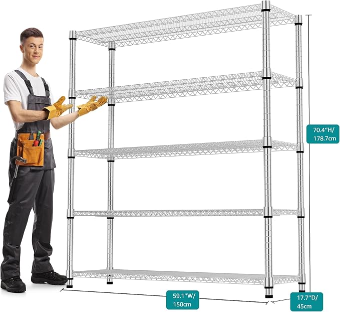 M MZG 5 Tiers Shelf 3300 lbs Steel Storage Shelving Utility Shelving Unit Steel Organizer Wire Rack for Home,Kitchen,Office,Garage Chrome 17.7" D x 59.1" W x 70.3" H