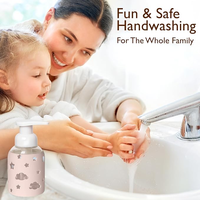 SoCal Suds & Company Foaming Hand Soap Dispenser Glass, Liquid Soap Pump with Cloud & Star Sleeve, Refillable Bottle for Kids, Baby Wash & Shampoo, Ideal for Bathroom & Kitchen Use, Light Pink, 8oz
