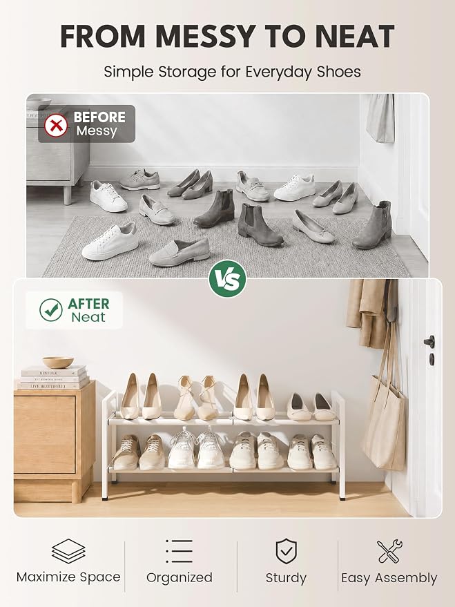 Bumusty 2-Tier Expandable Shoe Rack for Closet, 18“-33” Adjustable Shoe Rack for Small Space, Small Shoe Organizer for Front Door, Sturdy Metal, White