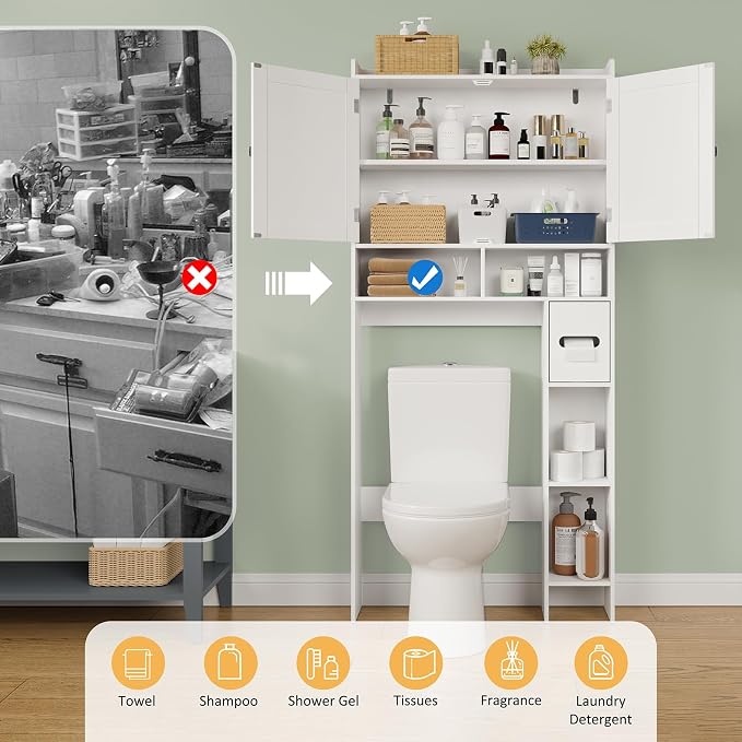 RRX Over The Toilet Storage Cabinet, Bathroom Above Organizer (Milky White) | Free Standing Toilet Rack with Adjustable Shelf and Open Storage, Double Doors, Space Saver, 30.7" L x 7.87 "W x 65.7 "H
