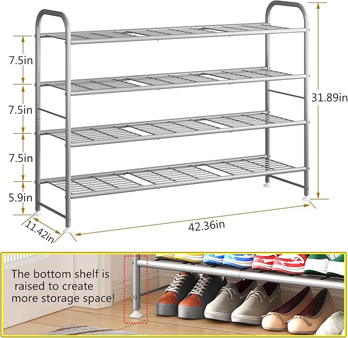 LINZINAR 4 Tier Long Shoe Rack for Closet Metal Shoe Organizer for Entryway | Spacious design stores 25+ pairs of shoes,durable metal frame,space-saving organizer for closet, hallway, and Entryway Grey