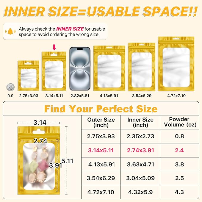 100 PCS Resealable Mylar Bags with Zipper and Frosted Clear Window Packaging Bags Foil Pouch Zip Bag for Food Self Sealing Storage Supplies (Golden, 3.14x5.11)