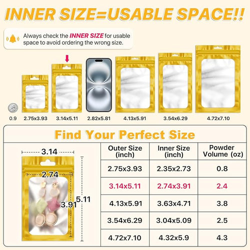 100 PCS Resealable Mylar Bags with Zipper and Frosted Clear Window Packaging Bags Foil Pouch Zip Bag for Food Self Sealing Storage Supplies (Golden, 3.14x5.11)