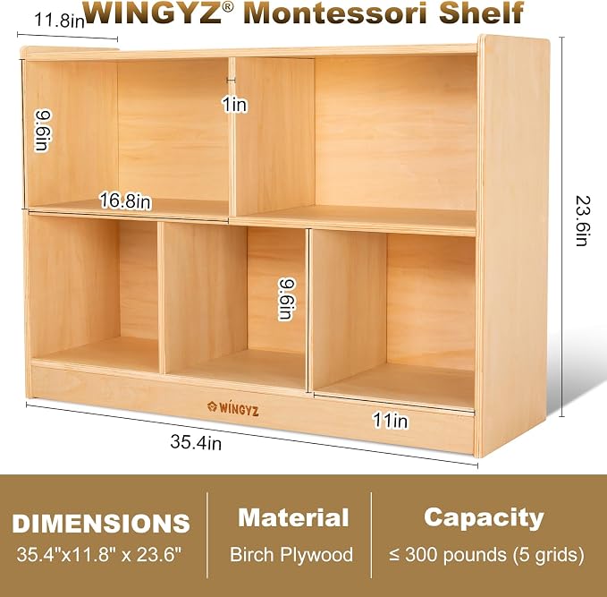 WINGYZ Wood Storage Shelf Organizer, 35.4" L, 5-Section Montessori Kids Toy & Book Shelf, Wooden Cabinet for Kids Rooms, Playroom, Classroom, Nursery, Preschool Furniture - Nature