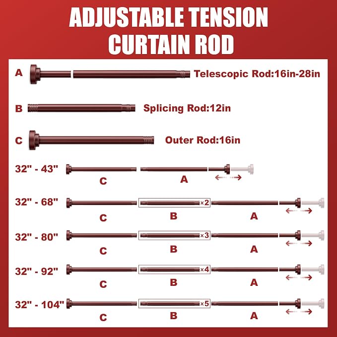 Ausemku Shower Curtain Rod - 32-43 Inch Rustproof Tension Rod, Non-Slip Spring Design, No Drilling Adjustable Curtain Rod for Bathroom, Kitchen, and Closet（Brown）