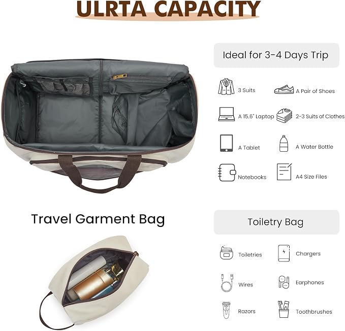 S-ZONE Garment Bag for Travel Convertible Duffle Bag Suit Bag for Men Women | 2-in-1 Hanging Suitcase, with Toiletry Bag, Wet/Dry Pockets, Shoe Compartment, Trolley Sleeve, Carry-on size, Beige