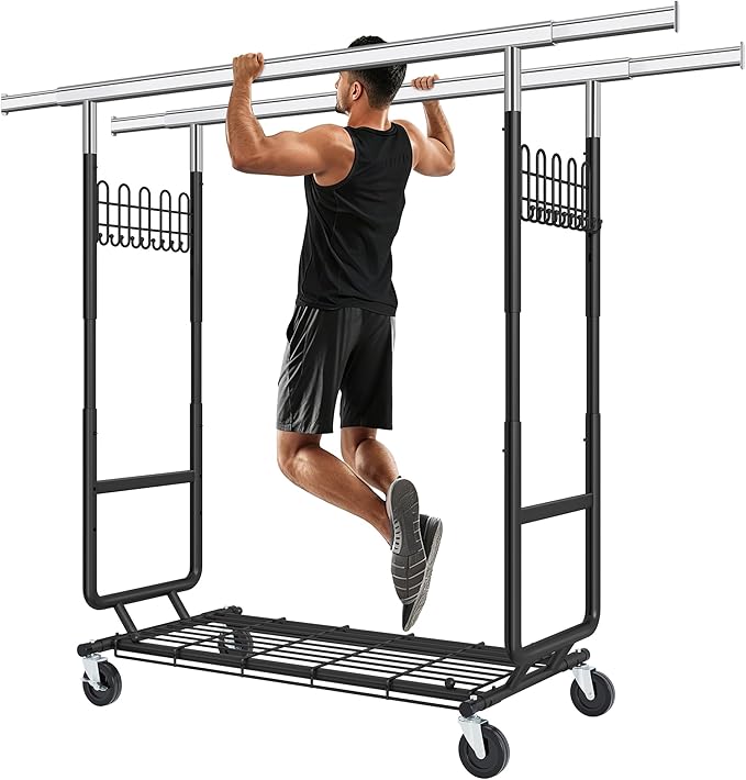 Gewudraw Clothes Rack Heavy Duty Load 900 Lbs With Wheels, Double Rod,Black | Rolling Clothing Rack, Adjustable Height, Extendable Rod, Portable, Collapsible, Shelf, Hooks,for Wardrobe,Bedroom,Commercial