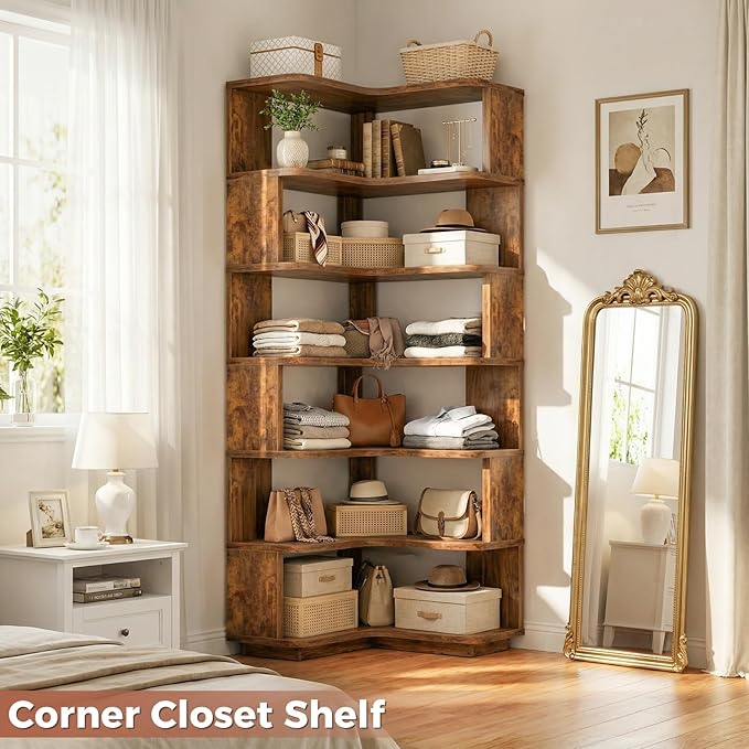 Besiost Corner Book Shelf, 7-Shelf Corner Bookshelf for Small Corner Spaces, L-Shape Bookcase Corner Display Shelf for Home Office, Living Room, Bedroom, Kitchen Pantry, Rustic Brown