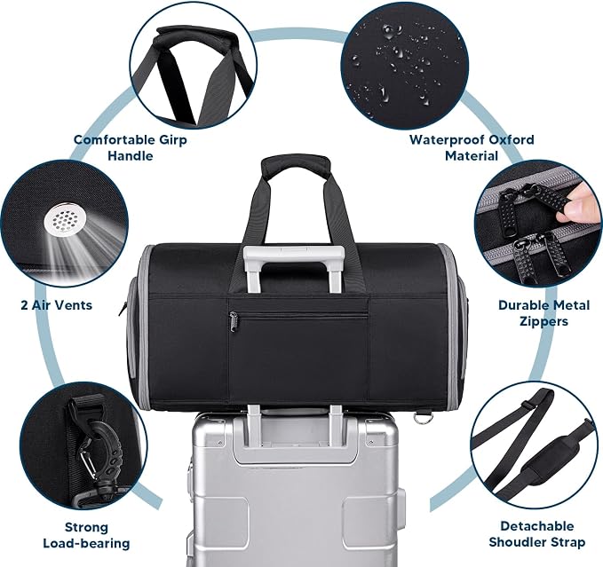 Vessgra Convertible Garment Bags for Travel, 4 in 1 Duffle Bag for Travel 58L Capacity Carry on Garment Bag with Shoes Compartment Travel Garment Bag with Shoulder Straps Suit Bag for Men Women,Black