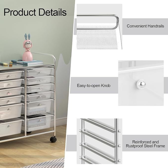 DREAMADE Rolling Cart with Storage Drawers, Utility Cart with Removable Plastic Drawers, Lockable Wheels, Art Cart for Classroom Organization Art Supplies Office Scrapbook (12 Drawers, Transparent)