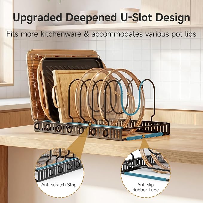 MUDEELA Pot Lids Organizer Rack for Cabinet and Countertop, Pot and Pan Lid Organizer Holder with 7 Adjustable Compartments, Baking Cookie Sheet Bakeware Cutting Board Kitchen Storage Organizers